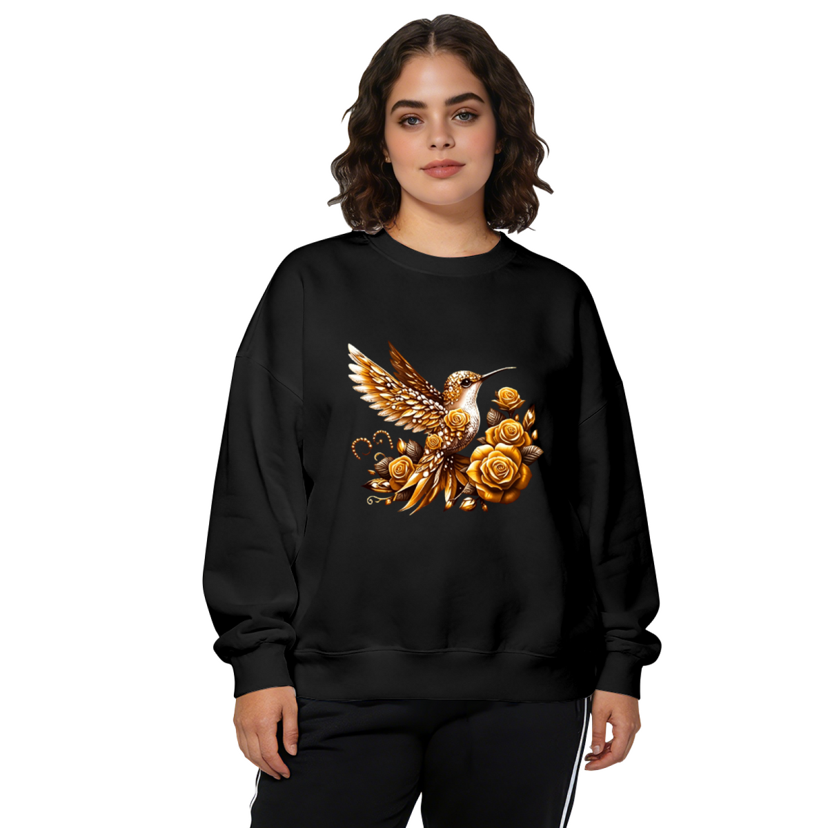 Gorgeous Golden Hummingbird And Vintage Gold Roses Crewneck Sweatshirt
