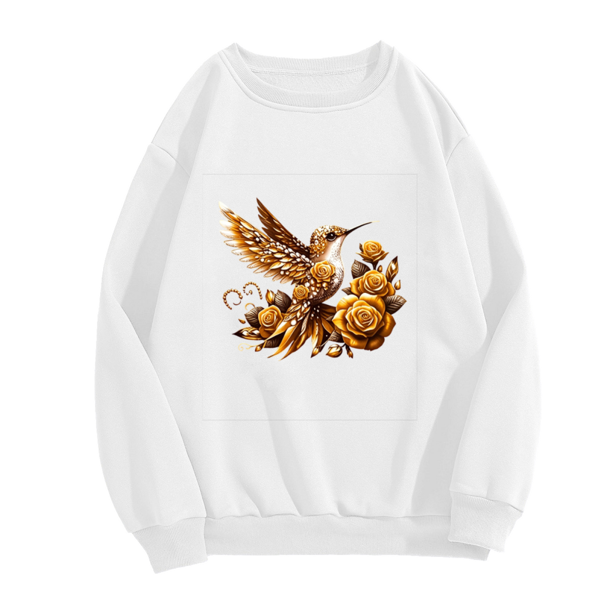 Gorgeous Golden Hummingbird And Vintage Gold Roses Crewneck Sweatshirt
