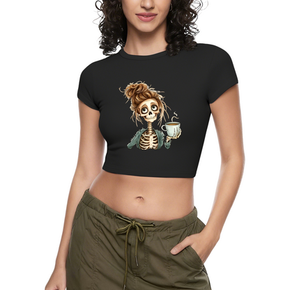 Dead But Caffeinated Messy Bun Skeleton Grey Crop Top
