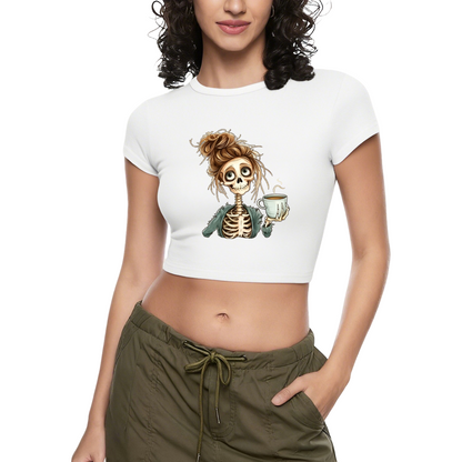 Dead But Caffeinated Messy Bun Skeleton Grey Crop Top