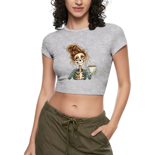 Dead But Caffeinated Messy Bun Skeleton Grey Crop Top