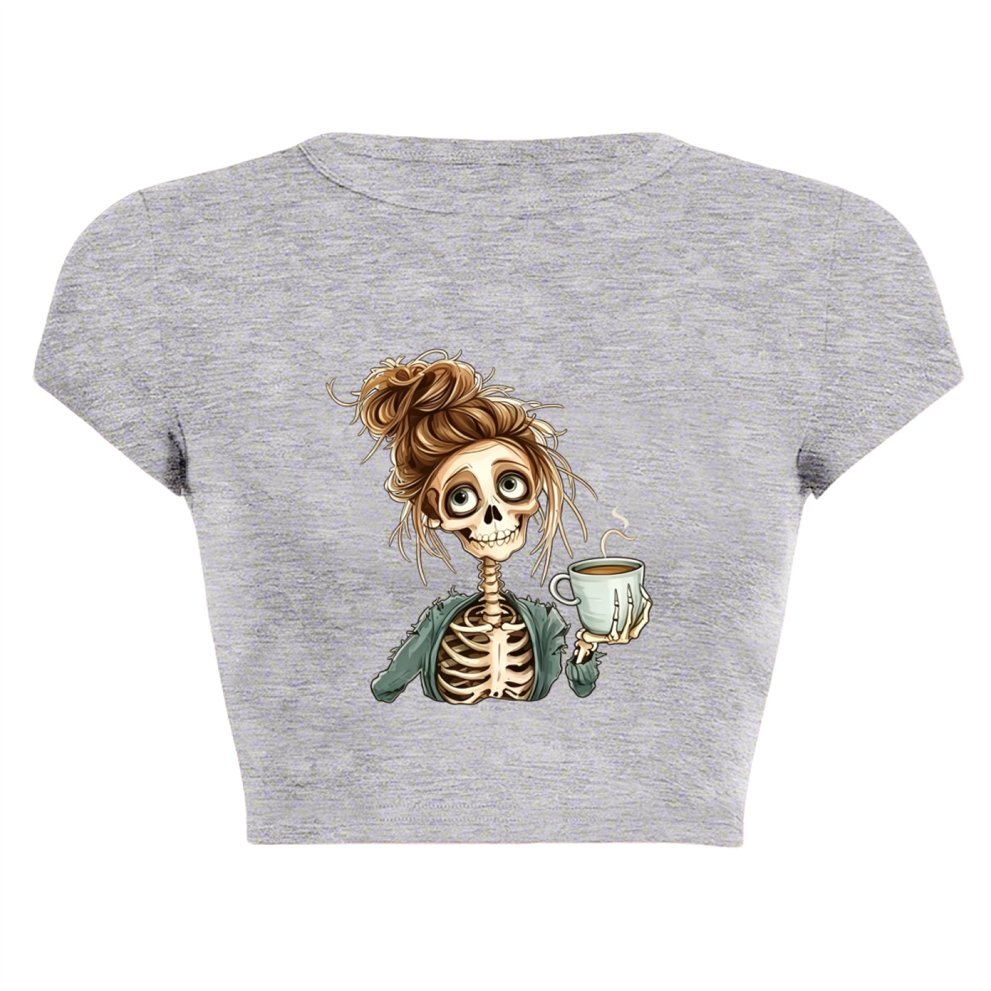 Dead But Caffeinated Messy Bun Skeleton Grey Crop Top