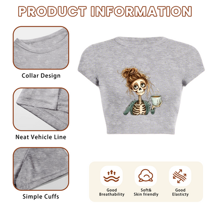 Dead But Caffeinated Messy Bun Skeleton Grey Crop Top