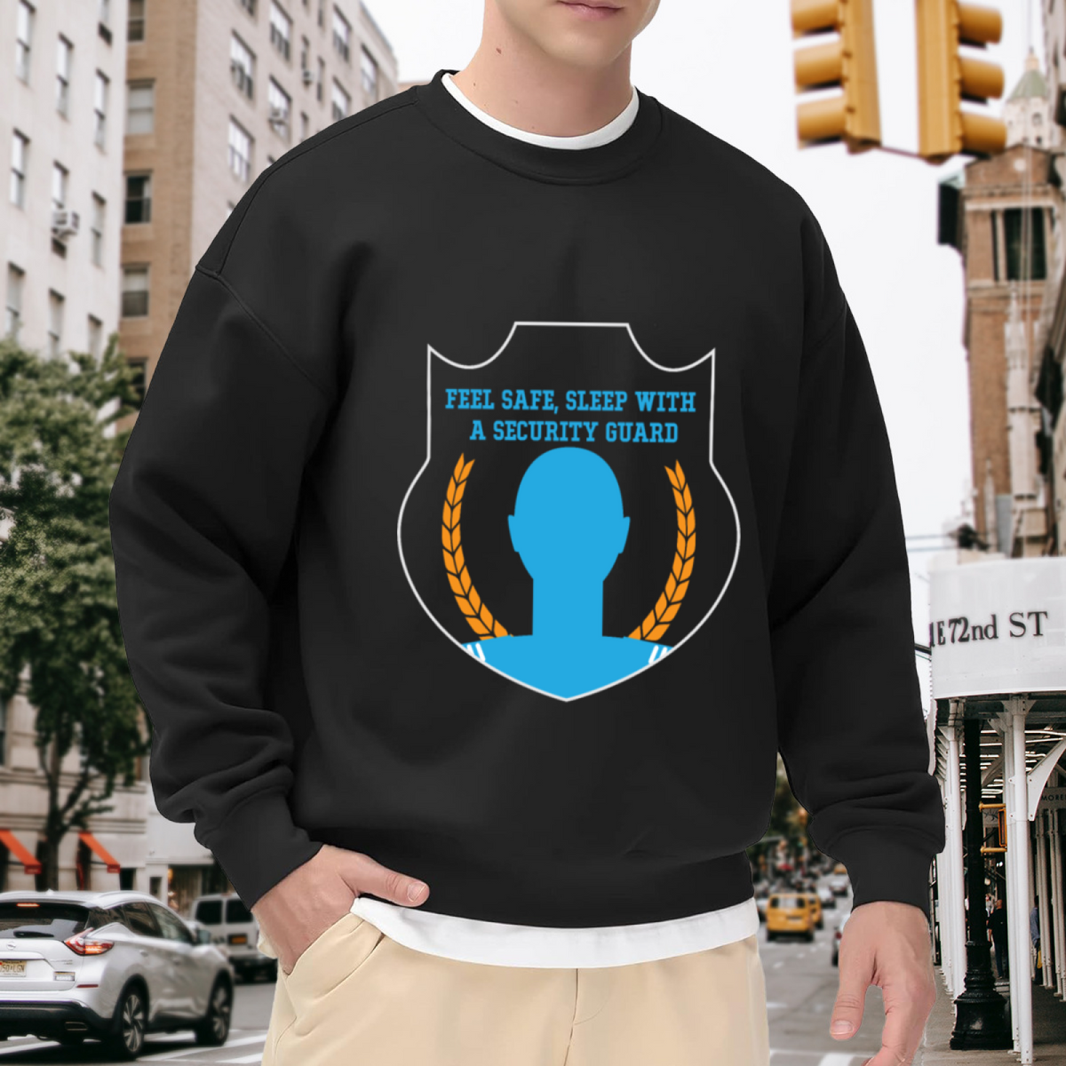 Feel Safe Sleep With A Security Guard Funny Badge Graphic Crew Neck Sweatshirt