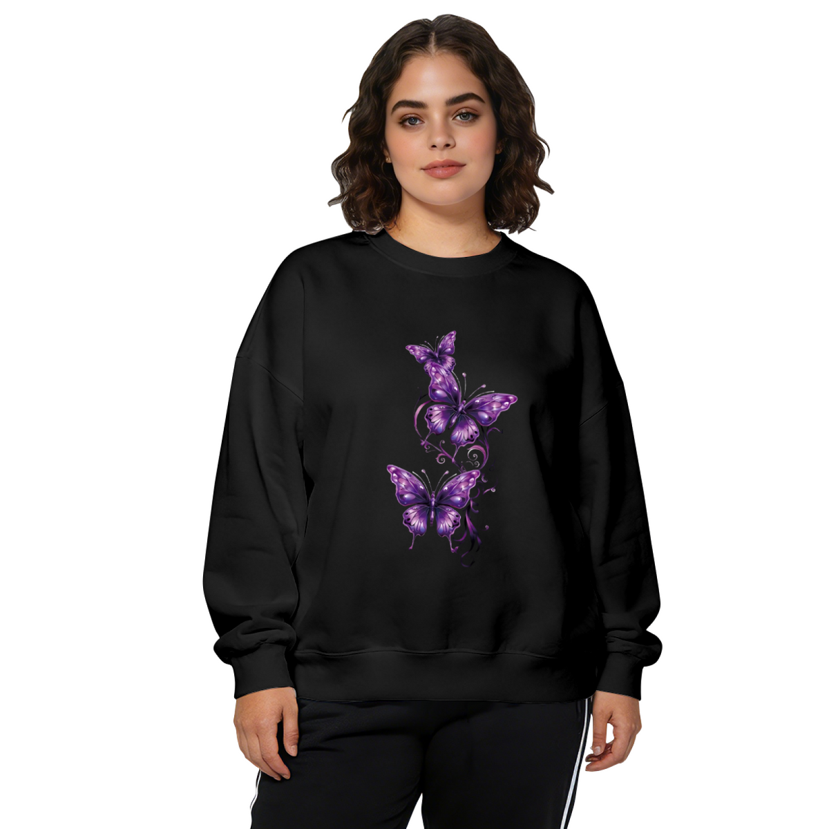 Mystical Shimmer Purple Butterflies Dark Theme Crewneck Sweatshirt