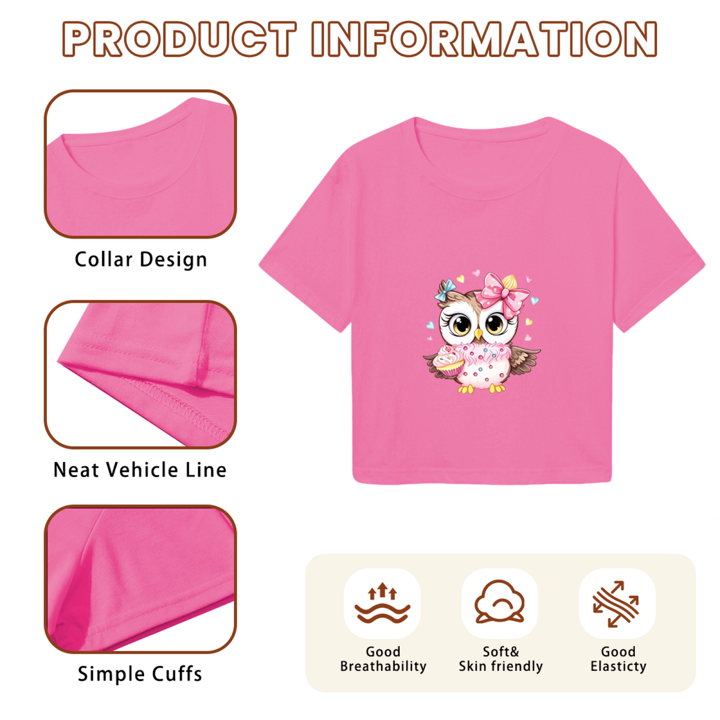 Kawaii Cupcake Bow Owl Cute Hot Pink Y2K  Tee
