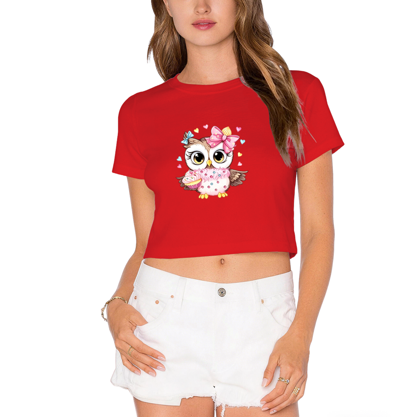 Kawaii Cupcake Bow Owl Cute Hot Pink Y2K  Tee