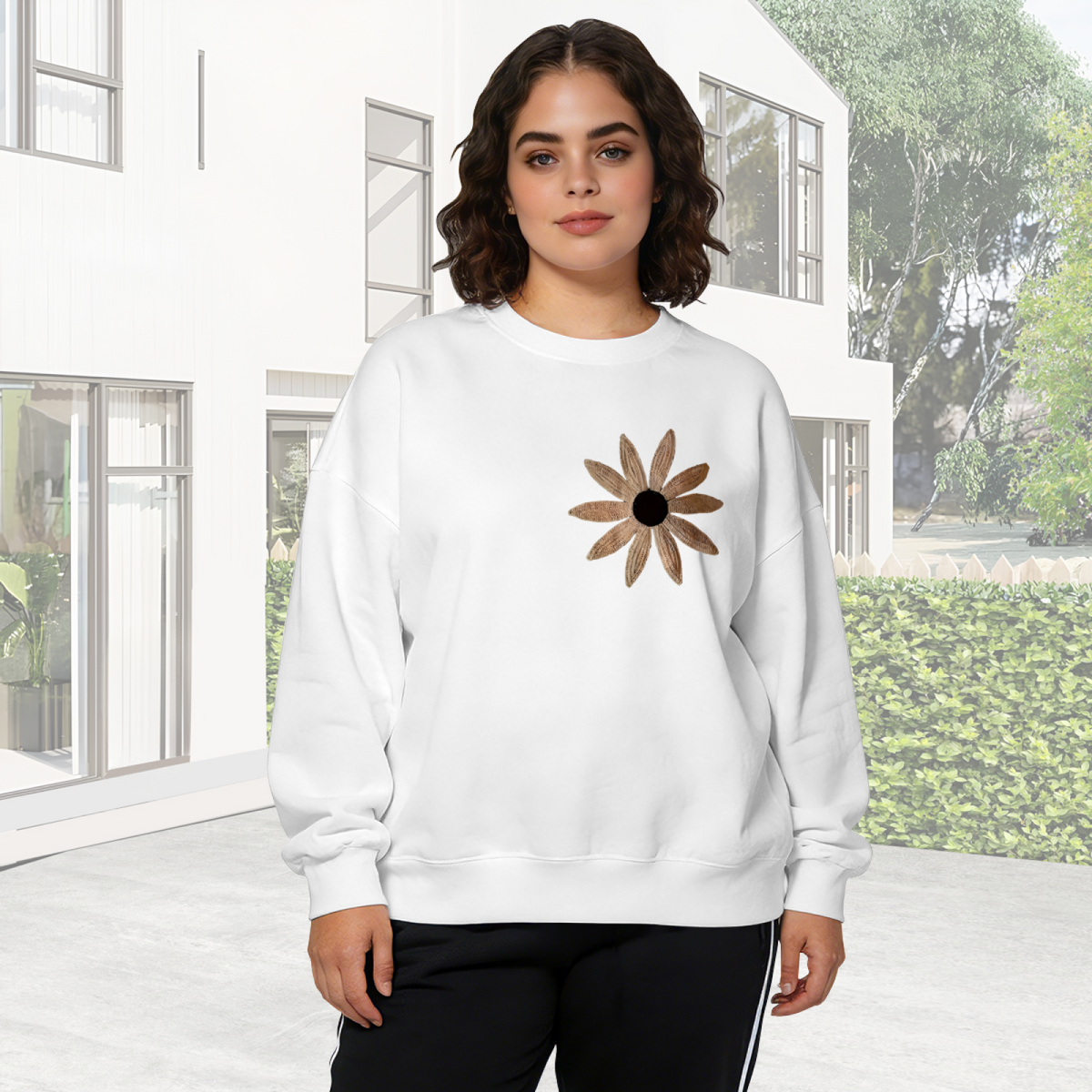 Boho?Style Sunflower Minimal Floral Print Crewneck Sweatshirt