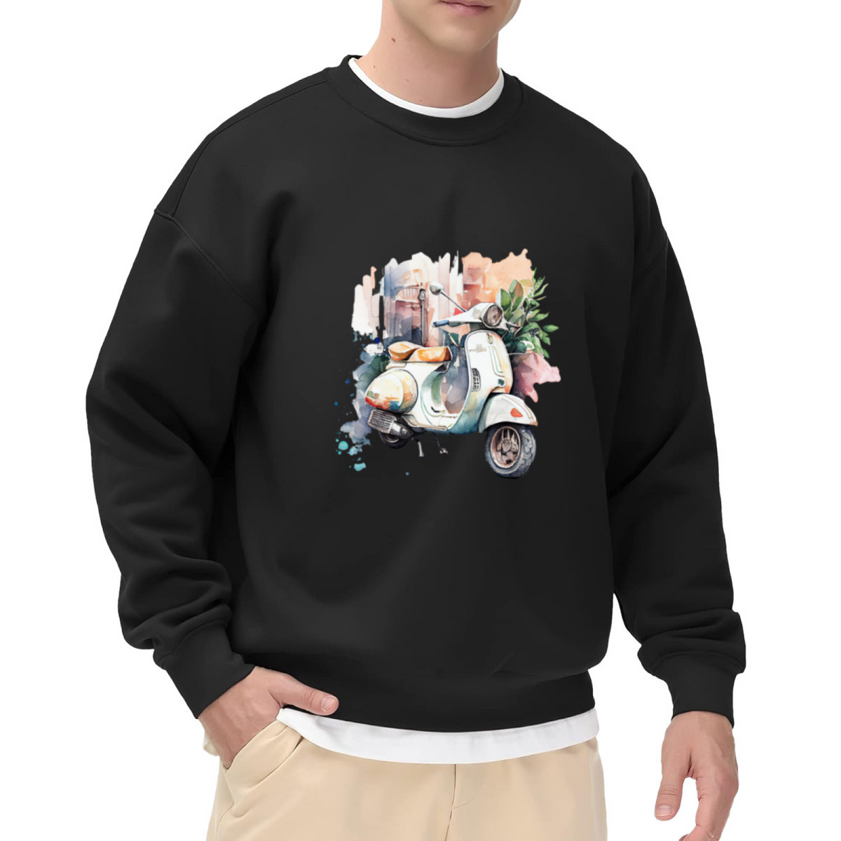 Vintage Scooter Watercolor Art Casual Crewneck Sweatshirt