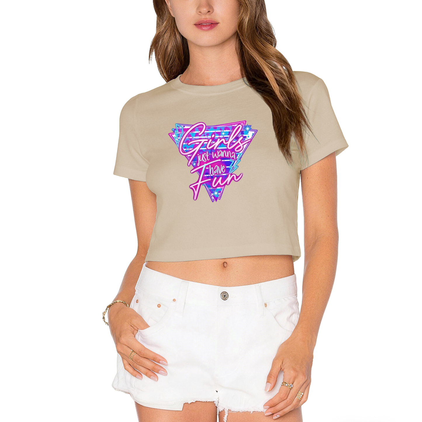 Girls Just Wanna Have Fun Retro Y2K White Crop Tee ¨C 80s Disco Party Top