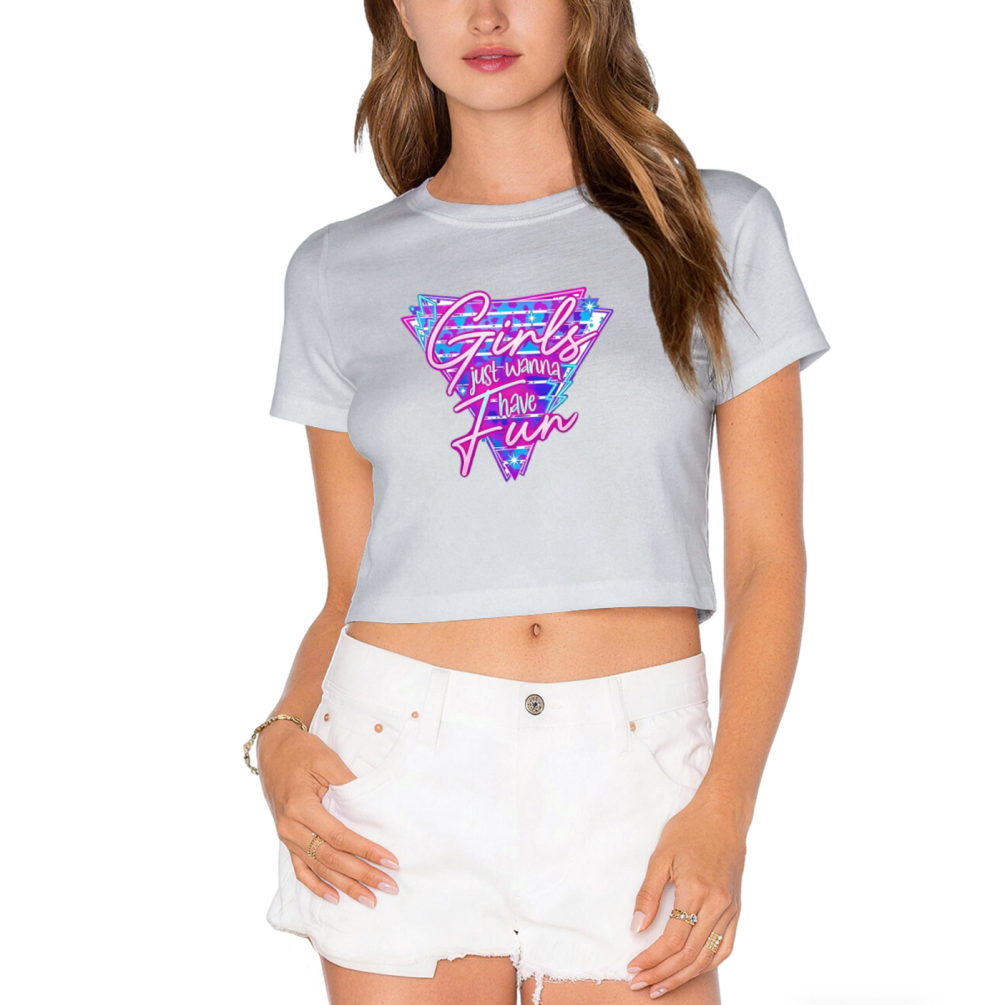 Girls Just Wanna Have Fun Retro Y2K White Crop Tee ¨C 80s Disco Party Top
