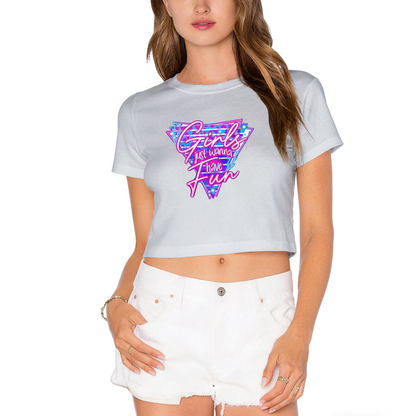 Girls Just Wanna Have Fun Retro Y2K White Crop Tee ¨C 80s Disco Party Top