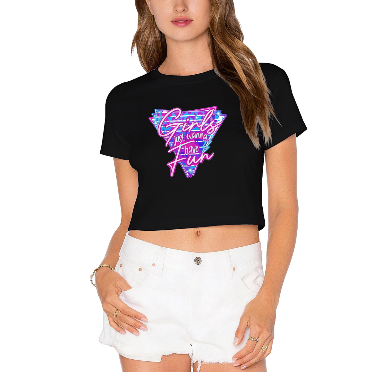 Girls Just Wanna Have Fun Retro Y2K White Crop Tee ¨C 80s Disco Party Top