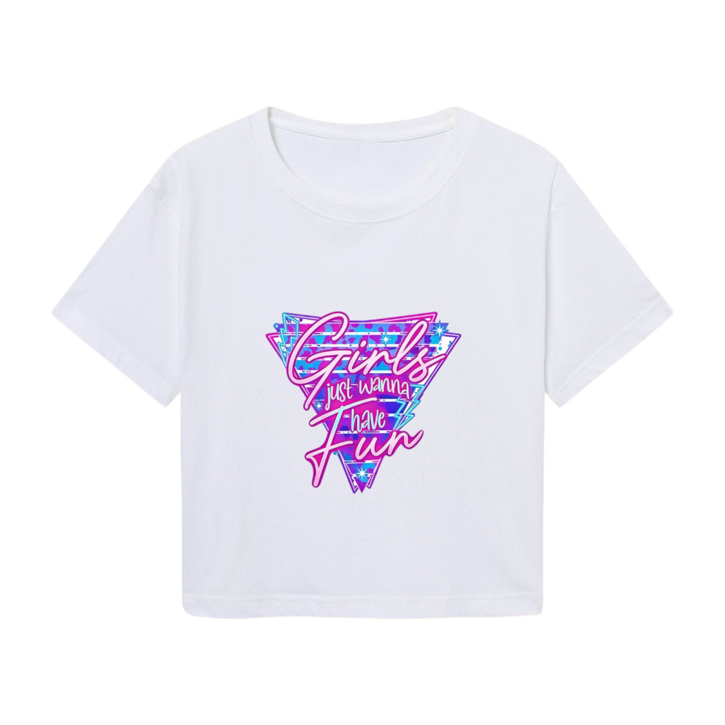 Girls Just Wanna Have Fun Retro Y2K White Crop Tee ¨C 80s Disco Party Top