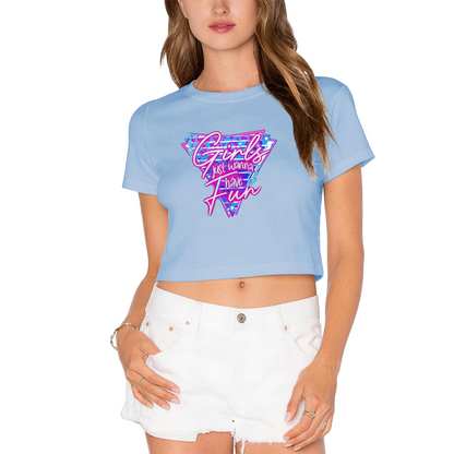 Girls Just Wanna Have Fun Retro Y2K White Crop Tee ¨C 80s Disco Party Top