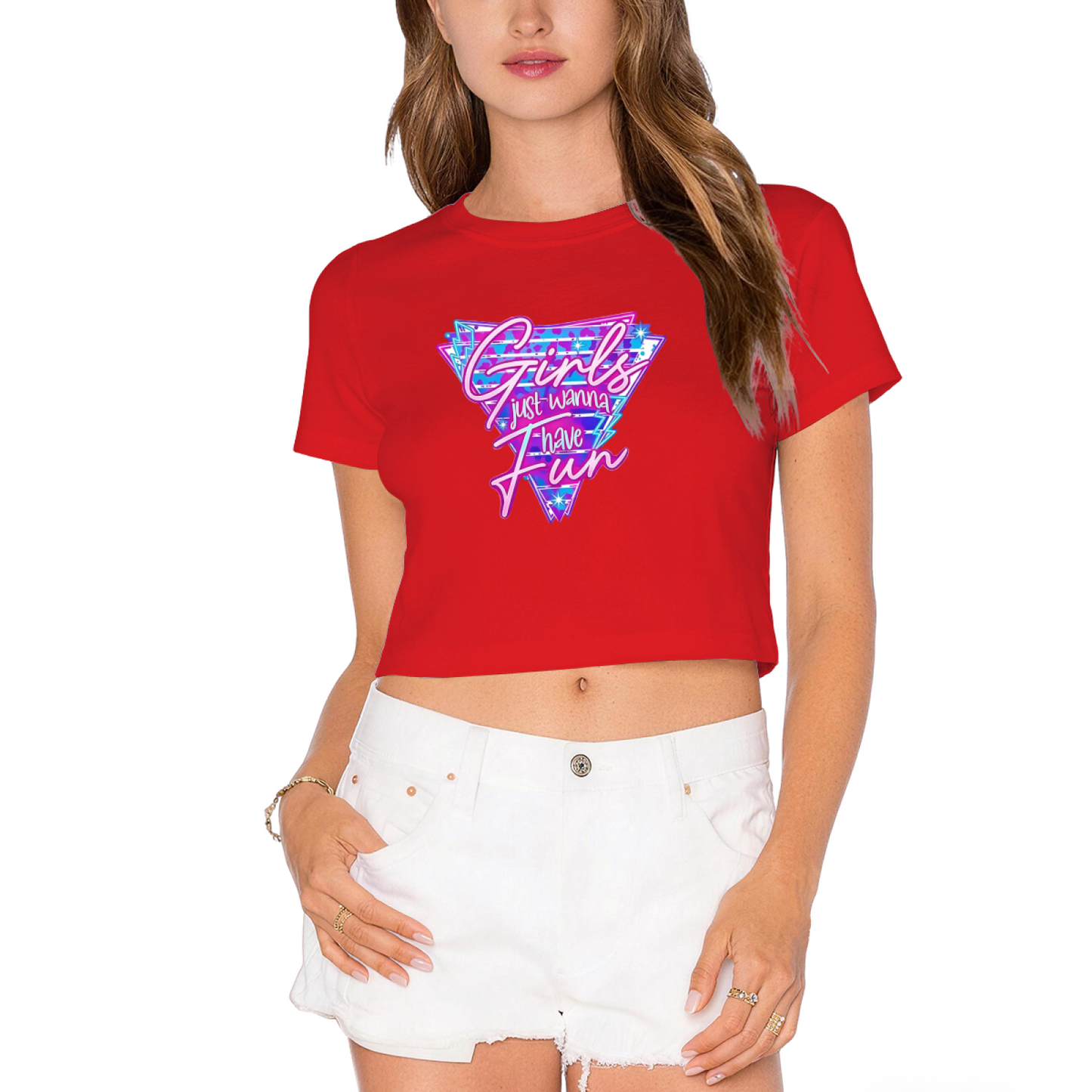 Girls Just Wanna Have Fun Retro Y2K White Crop Tee ¨C 80s Disco Party Top