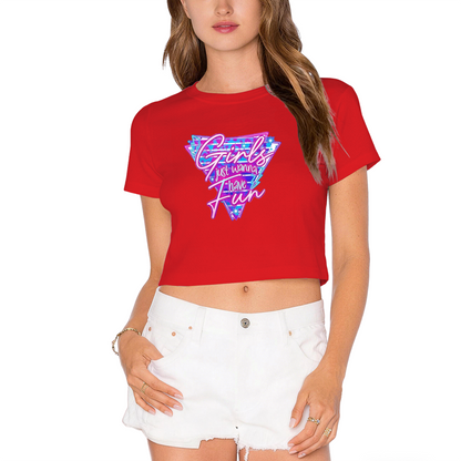 Girls Just Wanna Have Fun Retro Y2K White Crop Tee ¨C 80s Disco Party Top