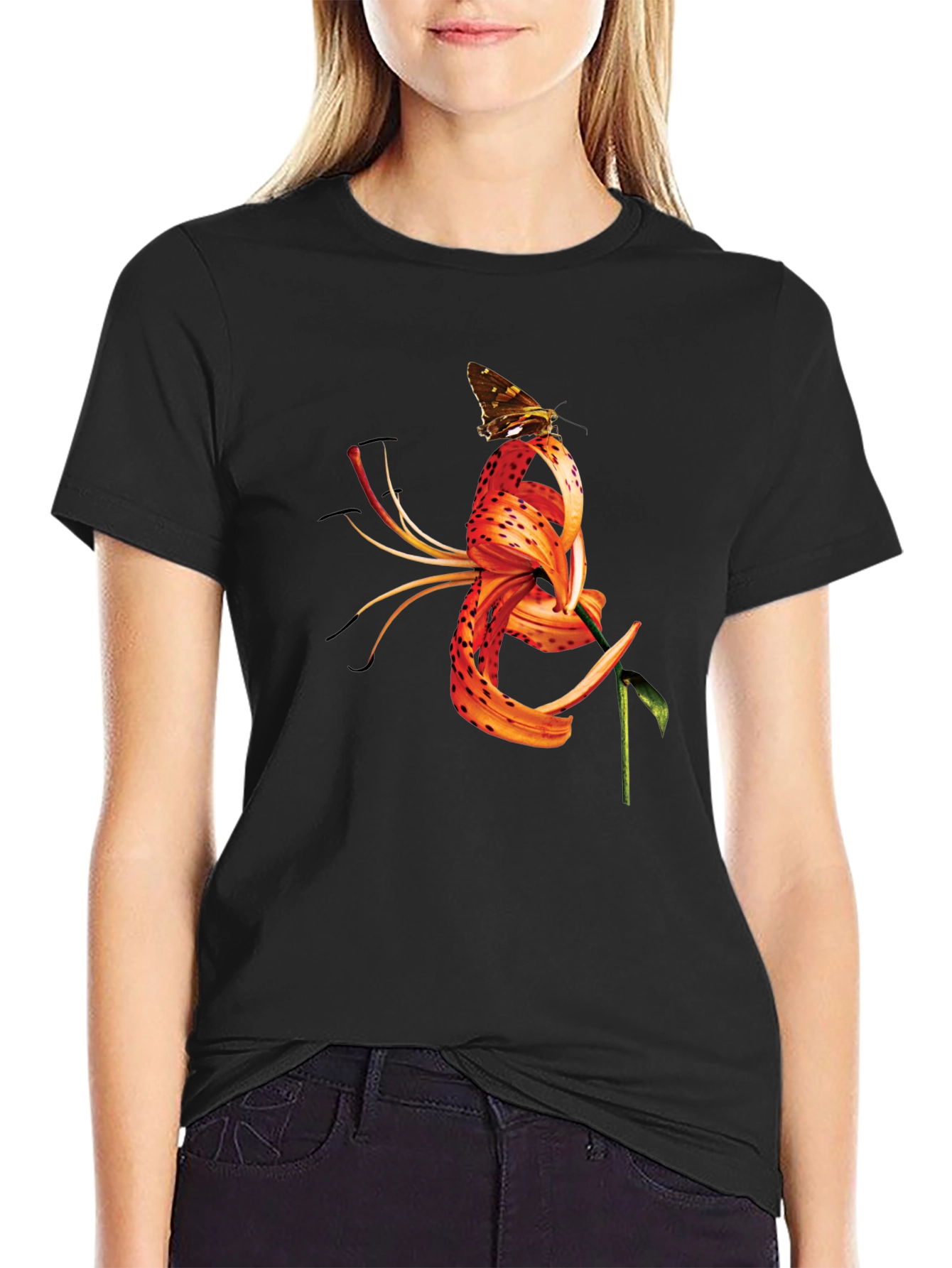 Butterfly Tiger Lily Graphic Black Tee