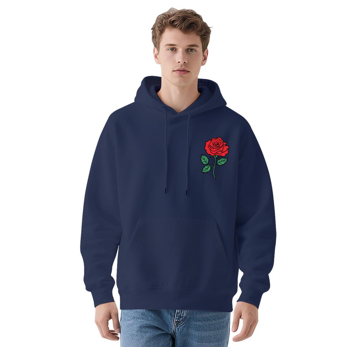 Minimal Red Rose Embroidered?Style Chest Print Hoodie