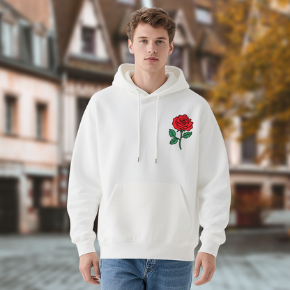Minimal Red Rose Embroidered?Style Chest Print Hoodie
