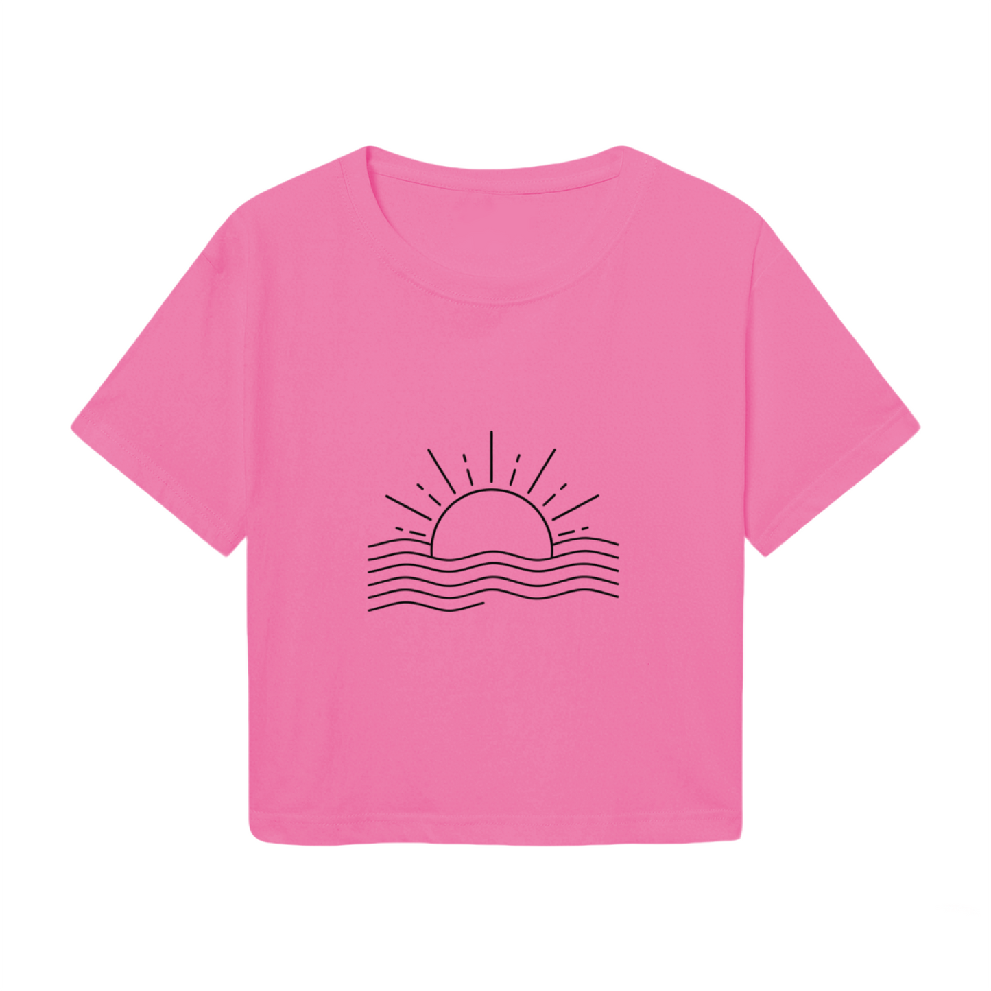 Minimal Sunset Ocean Wave Line Art Pink Crop Top