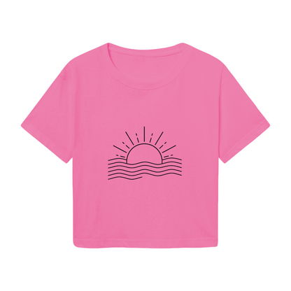 Minimal Sunset Ocean Wave Line Art Pink Crop Top