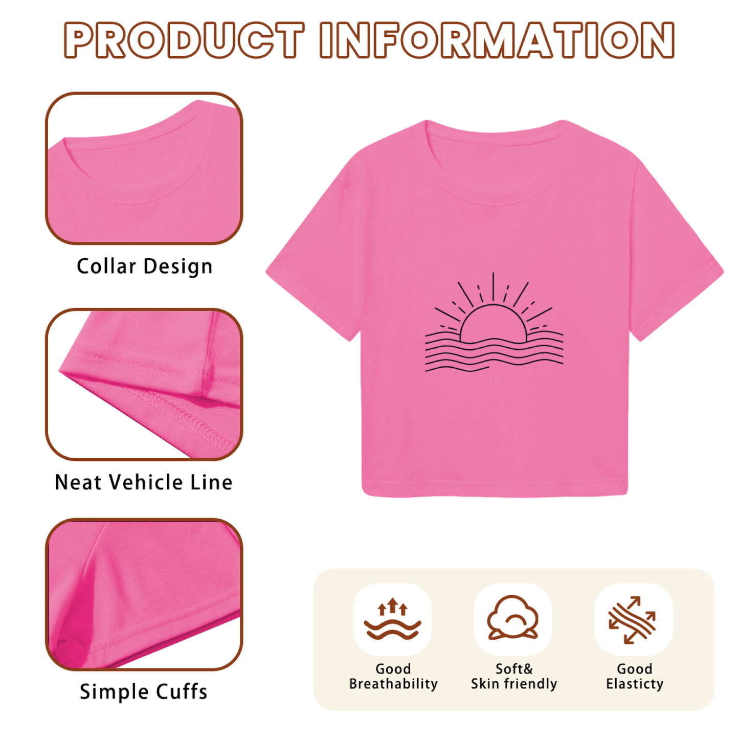 Minimal Sunset Ocean Wave Line Art Pink Crop Top