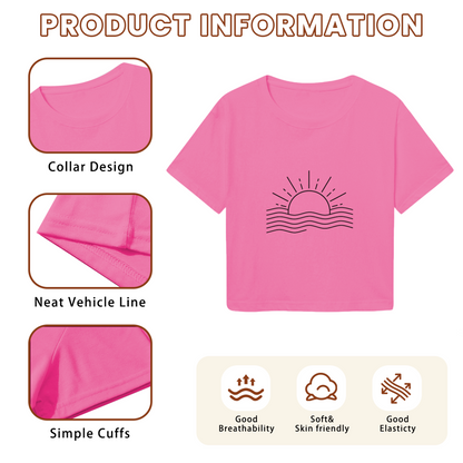 Minimal Sunset Ocean Wave Line Art Pink Crop Top