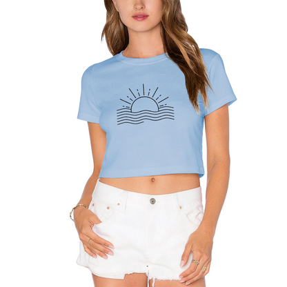 Minimal Sunset Ocean Wave Line Art Pink Crop Top
