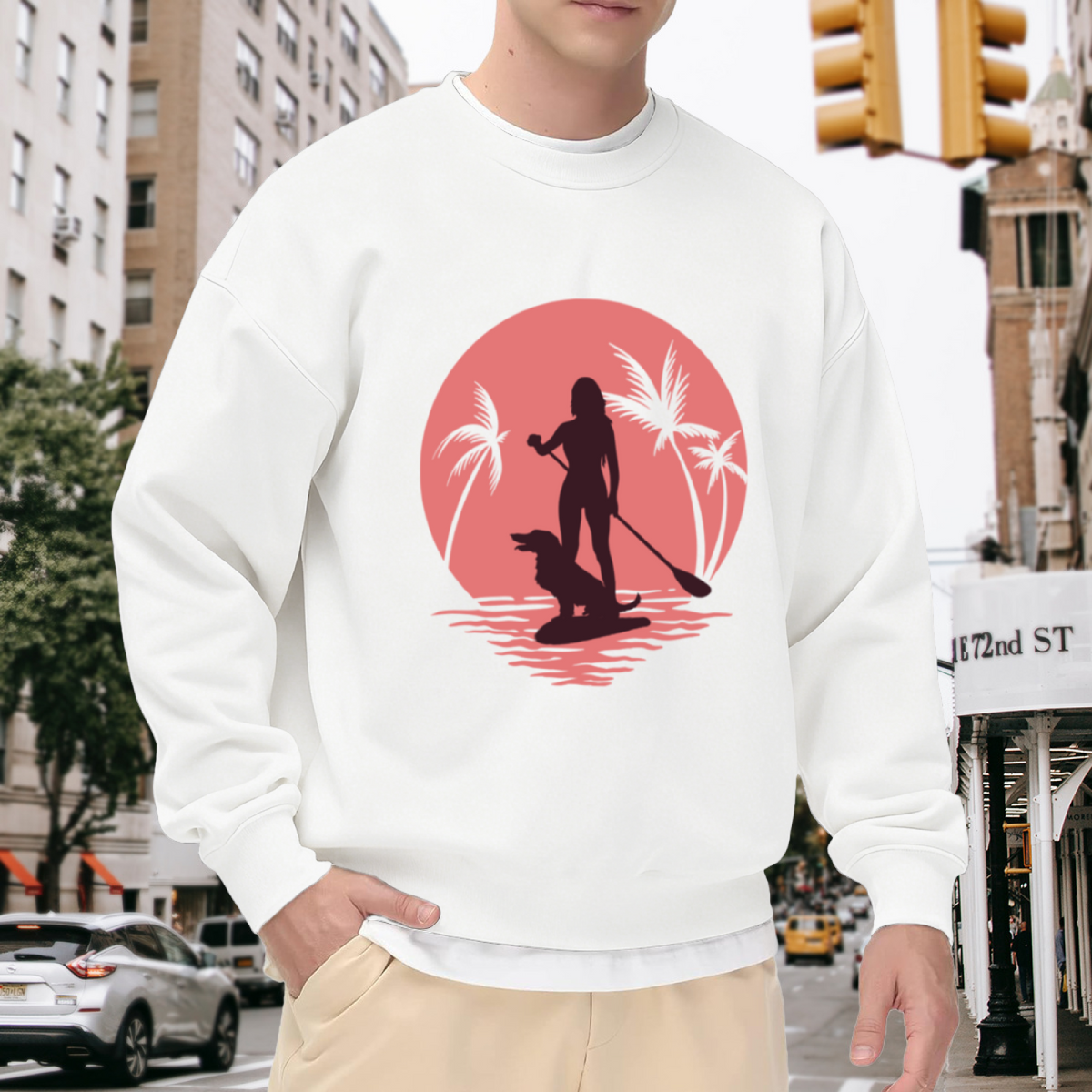 Paddle Board Girl With Dog Tropical Sunset Vibe Crewneck Sweatshirt