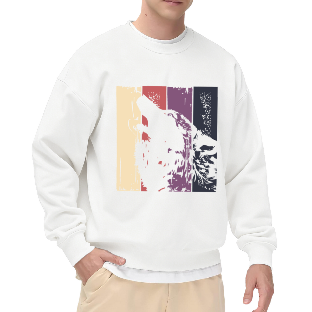Retro Howling Wolf Vintage Striped Art Crewneck Sweatshirt