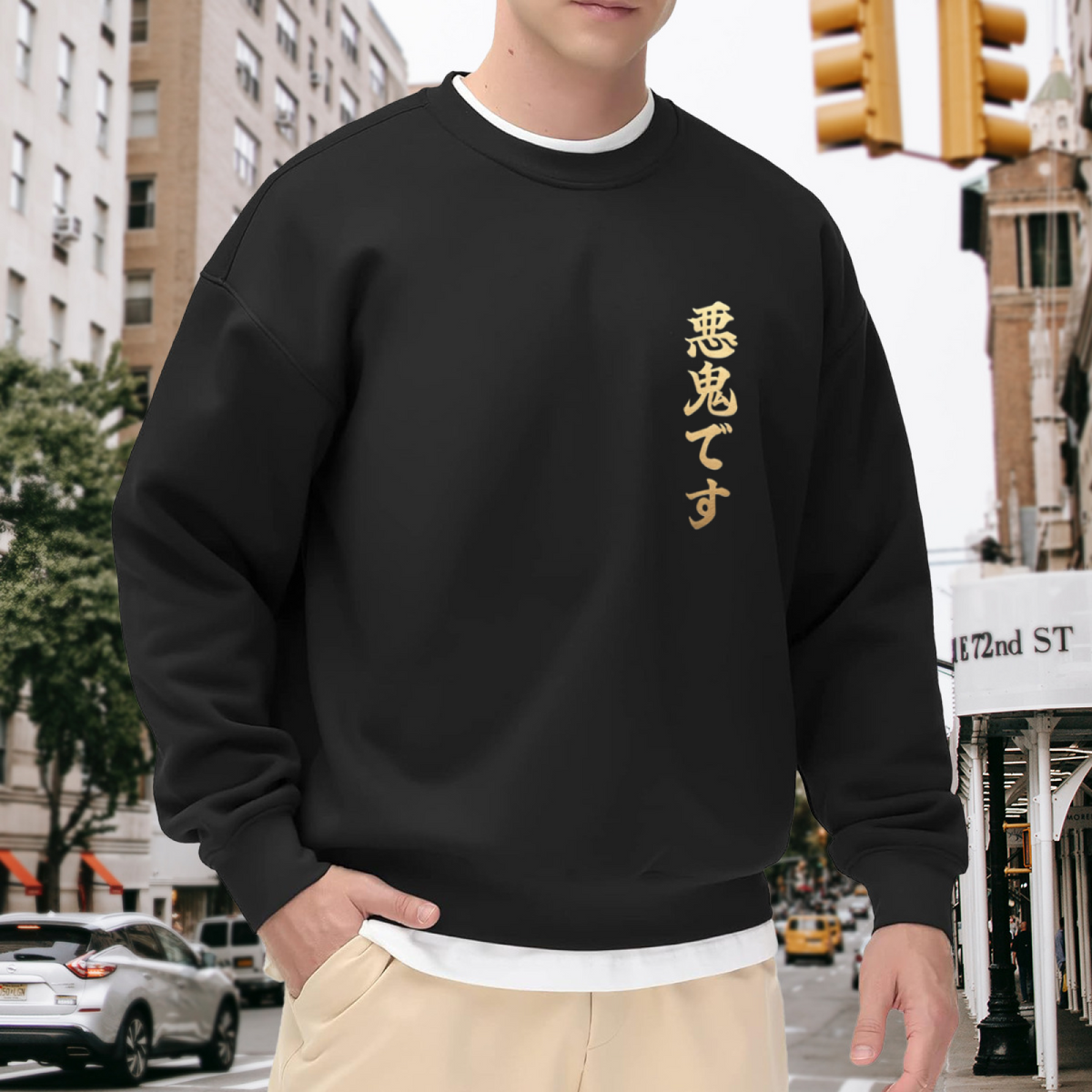Vertical Japanese Kanji Devil Golden Print Black Crewneck Street Sweatshirt