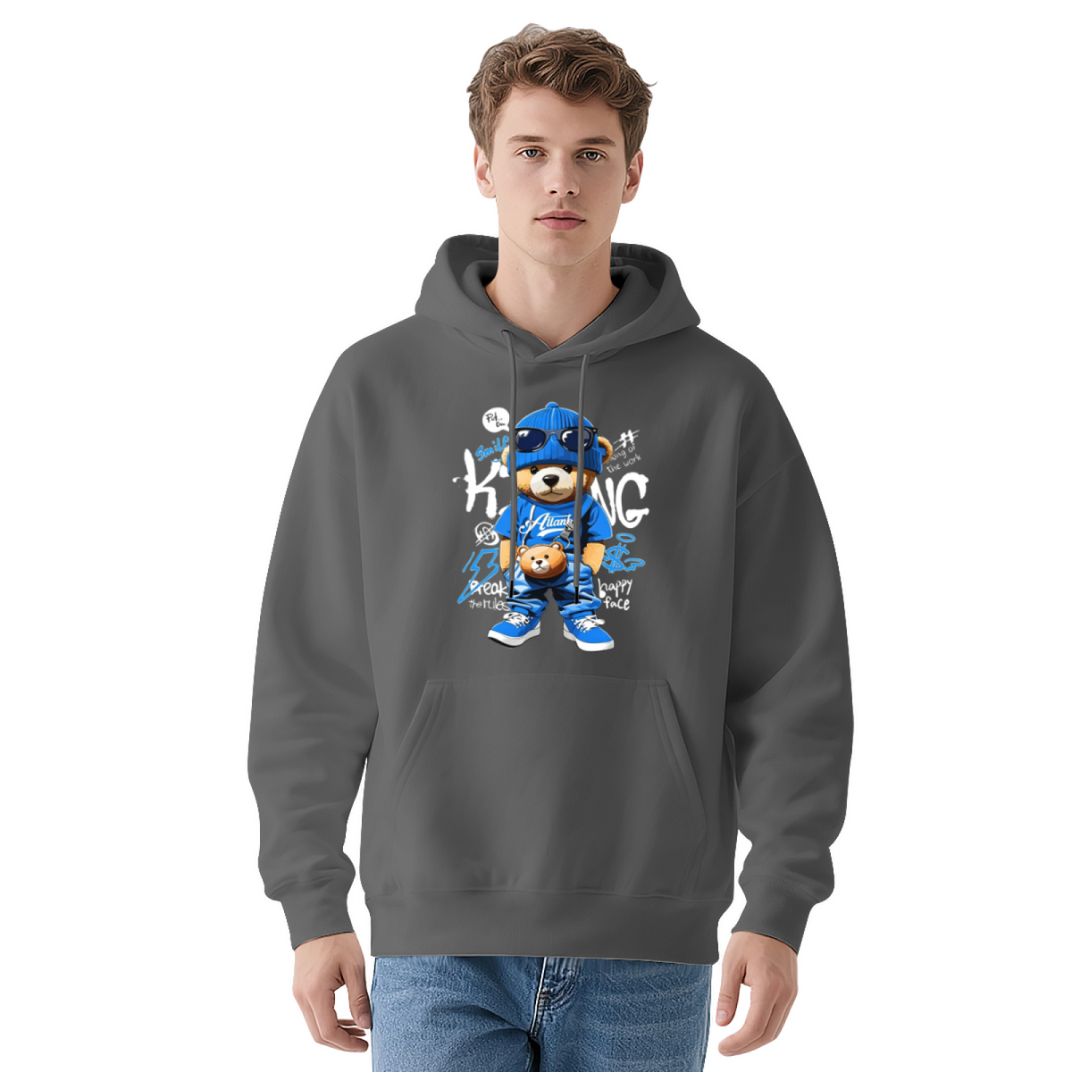 Hip?Hop Cool Blue Teddy Bear Graphic Hoodie