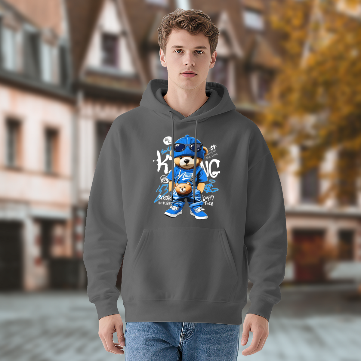 Hip?Hop Cool Blue Teddy Bear Graphic Hoodie