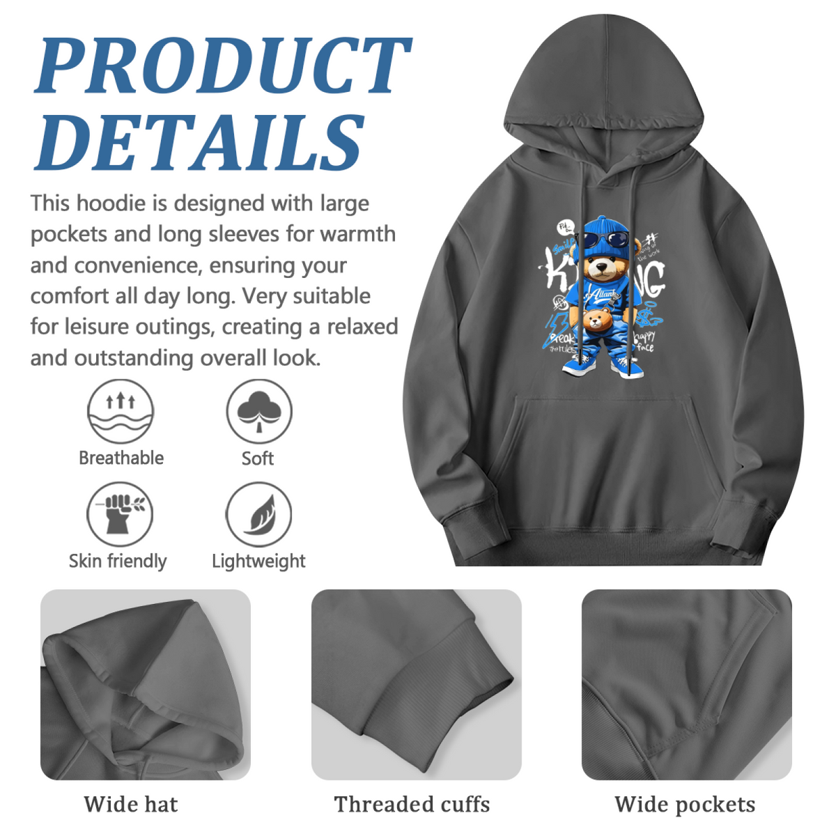 Hip?Hop Cool Blue Teddy Bear Graphic Hoodie