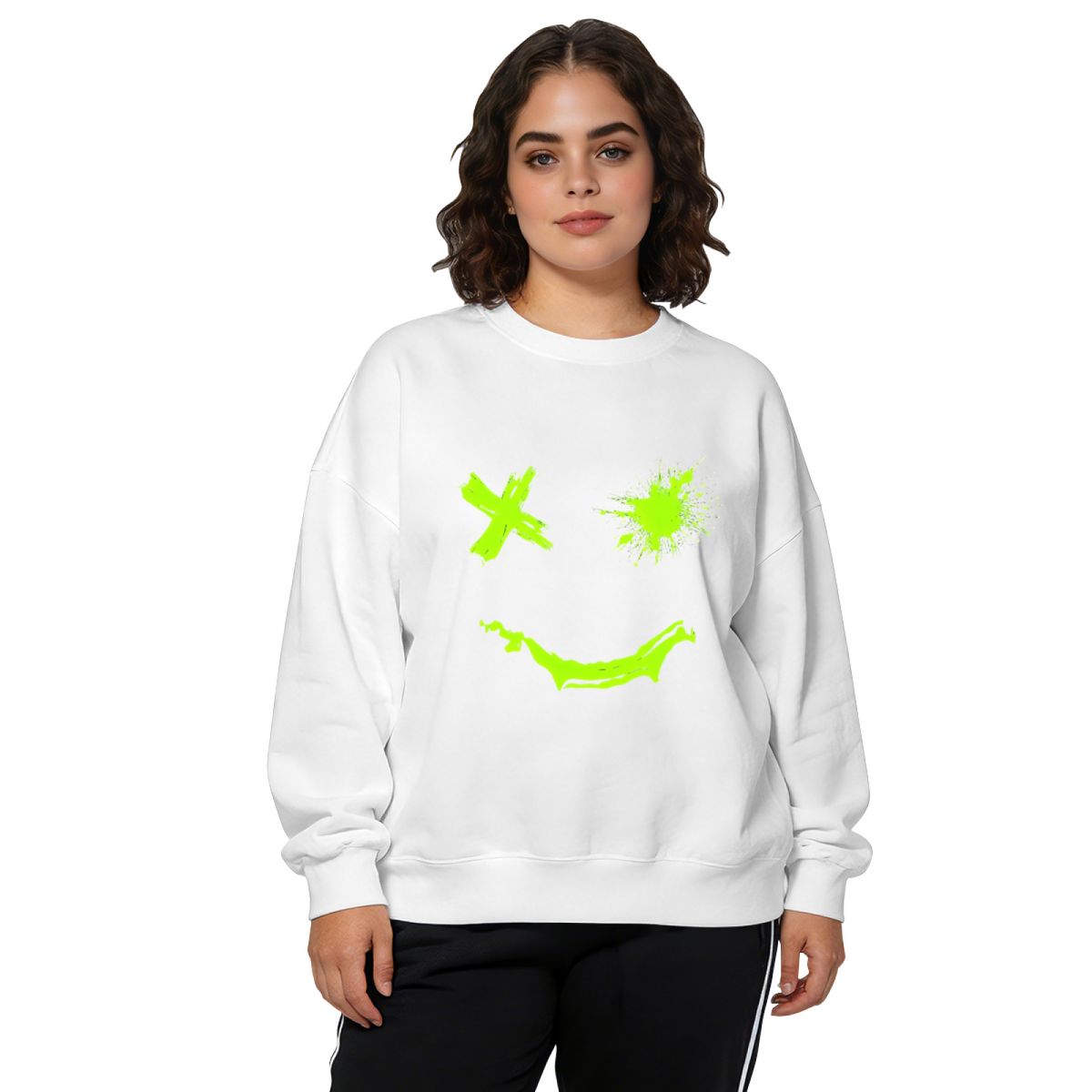 Neon Green Grunge Smiley Face Dark Aesthetic Crewneck Sweatshirt