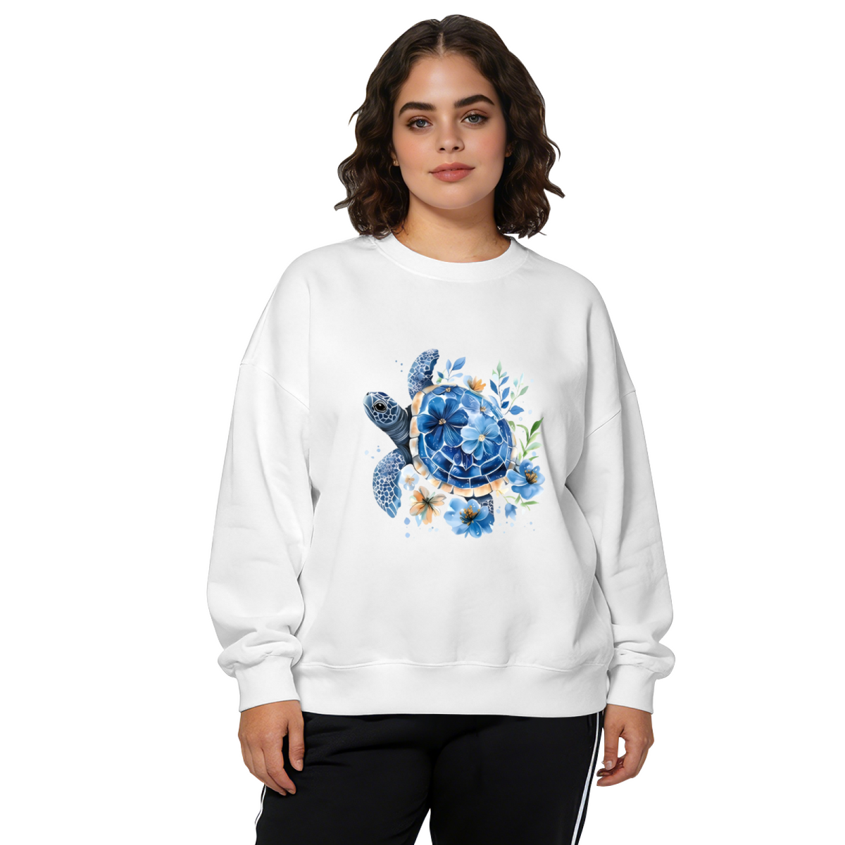 Watercolor Blue Sea Turtle & Blooms Crewneck Sweatshirt