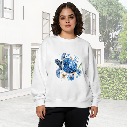 Watercolor Blue Sea Turtle & Blooms Crewneck Sweatshirt