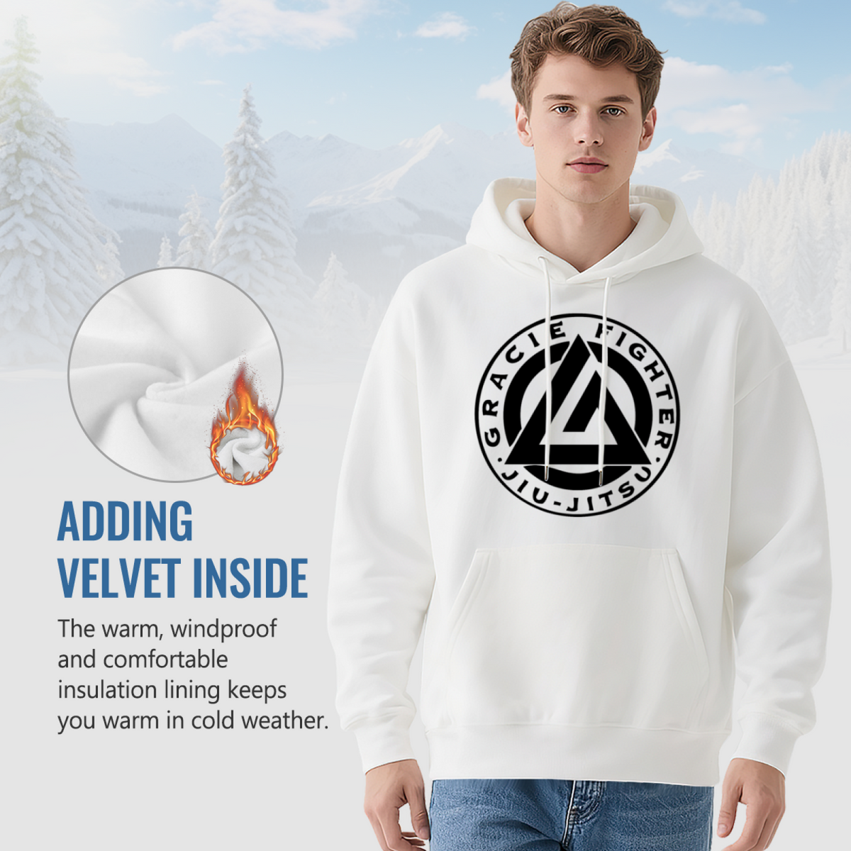 Gracie Jiu-Jitsu Fighter Logo White Hoodie, Unisex Soft Martial Arts Pullover