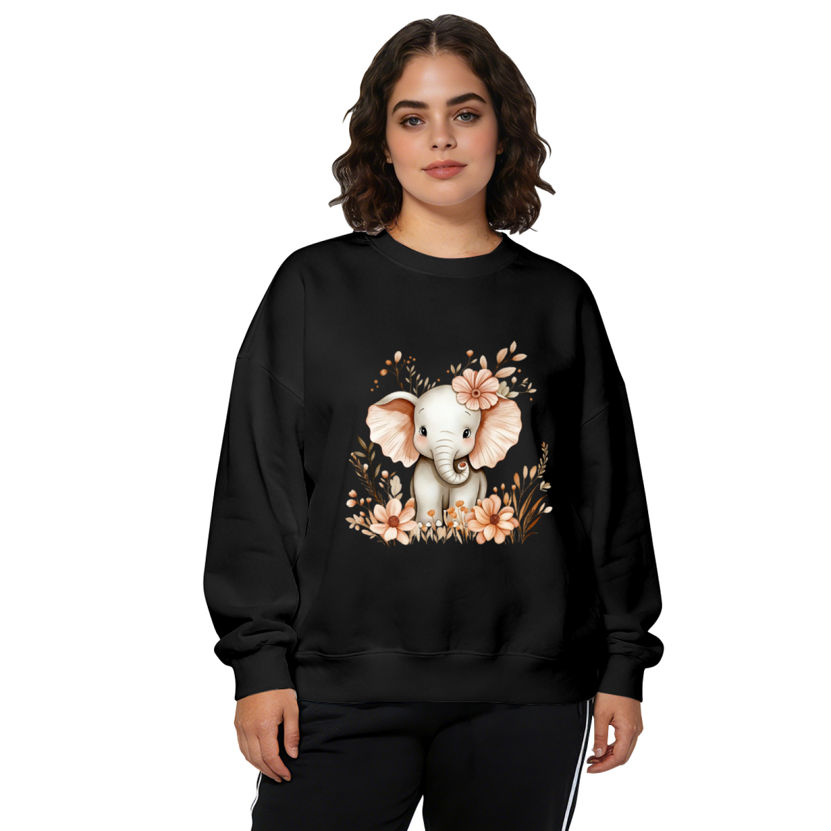 Cute Baby Elephant With Boho Florals Graphic Crewneck Sweatshirt