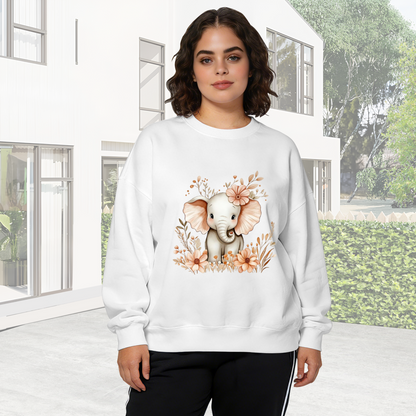 Cute Baby Elephant With Boho Florals Graphic Crewneck Sweatshirt