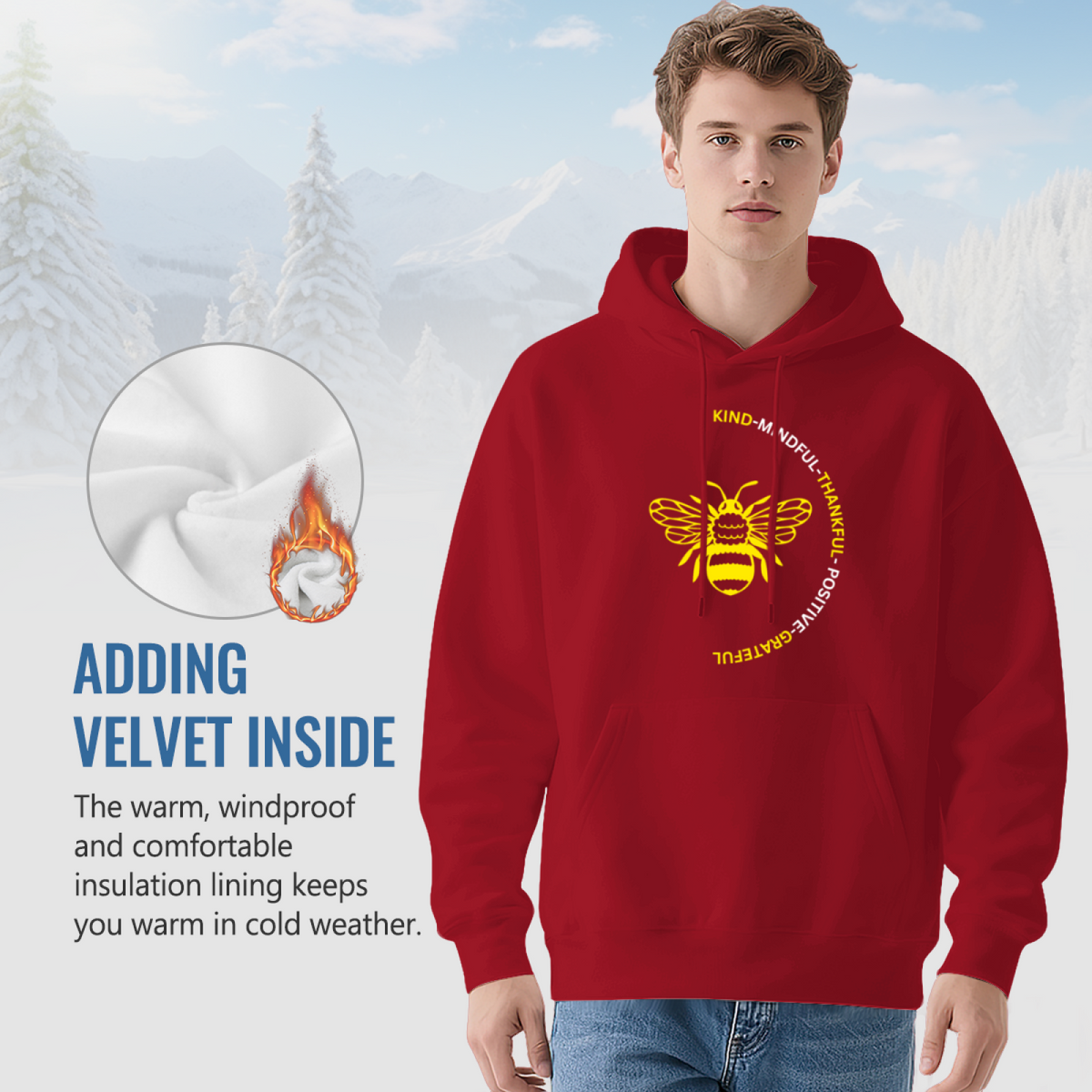 Kind Positive Bee Positive Quote Hoodie, Gentle Cozy Red Sweatshirt