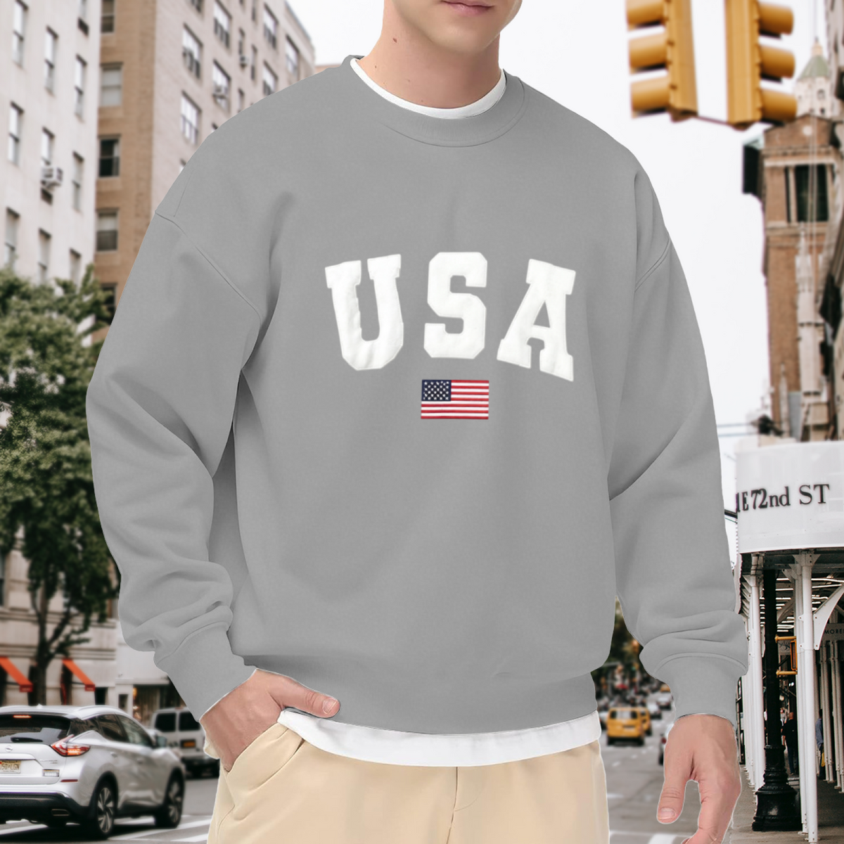 Classic USA Flag Varsity Print Crewneck Sweatshirt