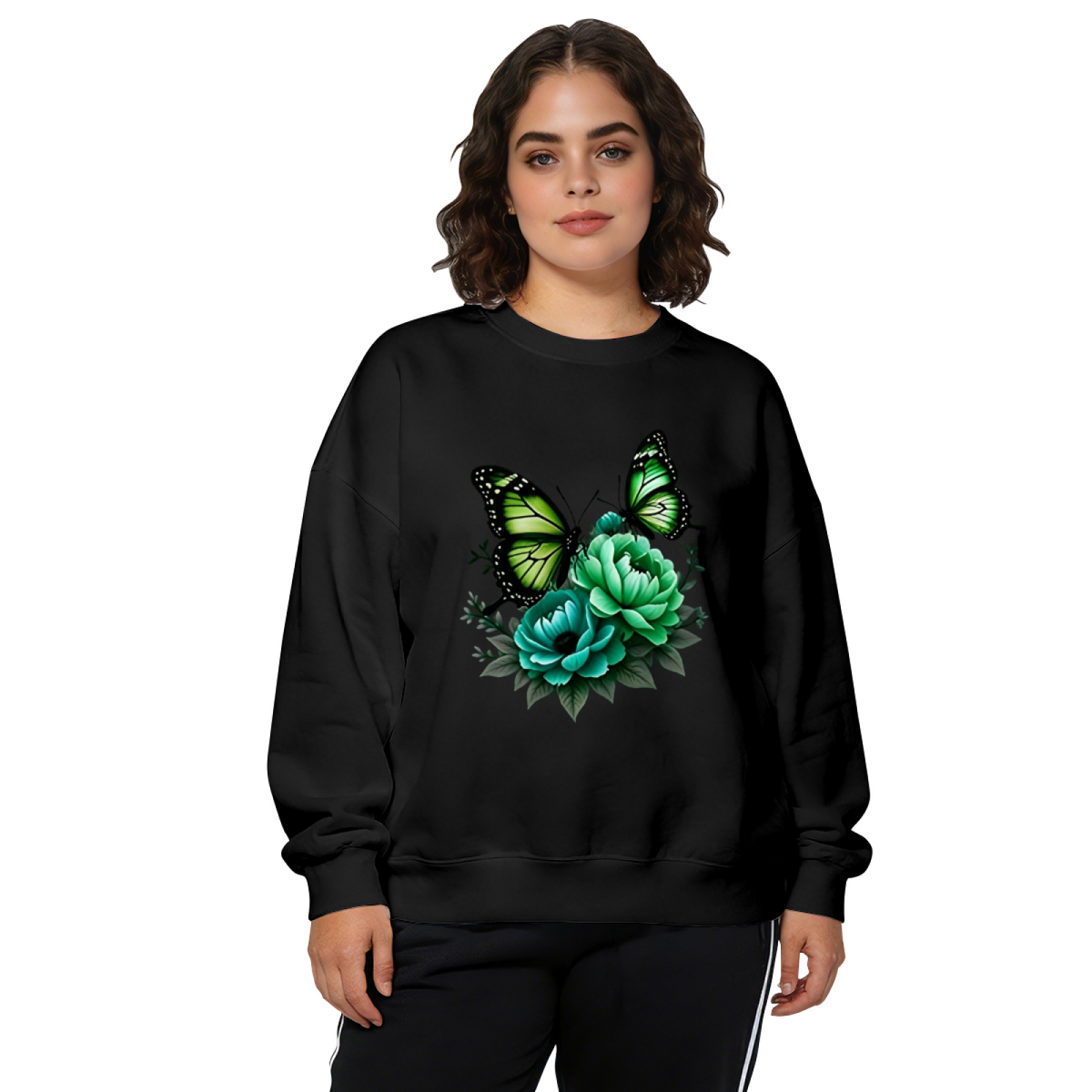 Fresh Green Butterfly & Peony Botanical Crewneck Sweatshirt