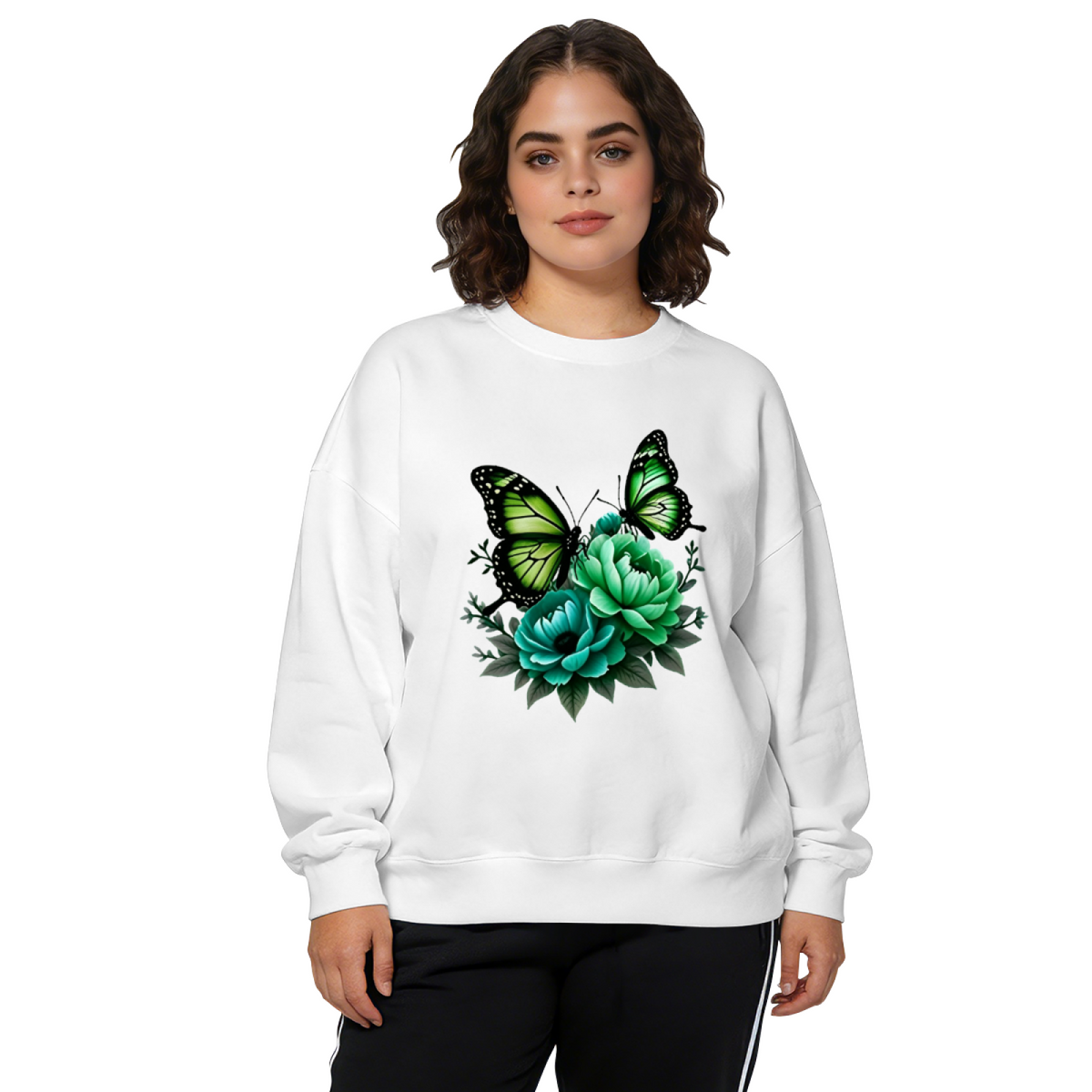 Fresh Green Butterfly & Peony Botanical Crewneck Sweatshirt