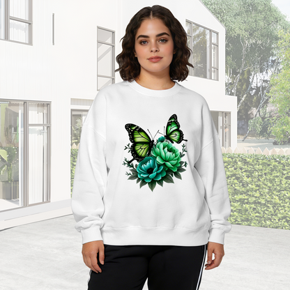 Fresh Green Butterfly & Peony Botanical Crewneck Sweatshirt