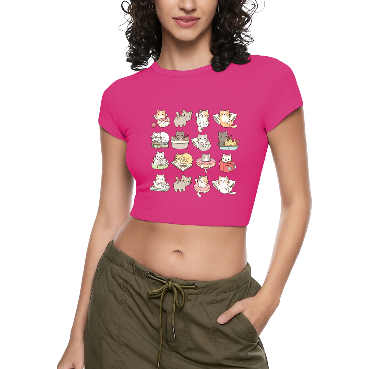 Grid Cute Playful Kittens Coquette Pink Slim Crop Shirt