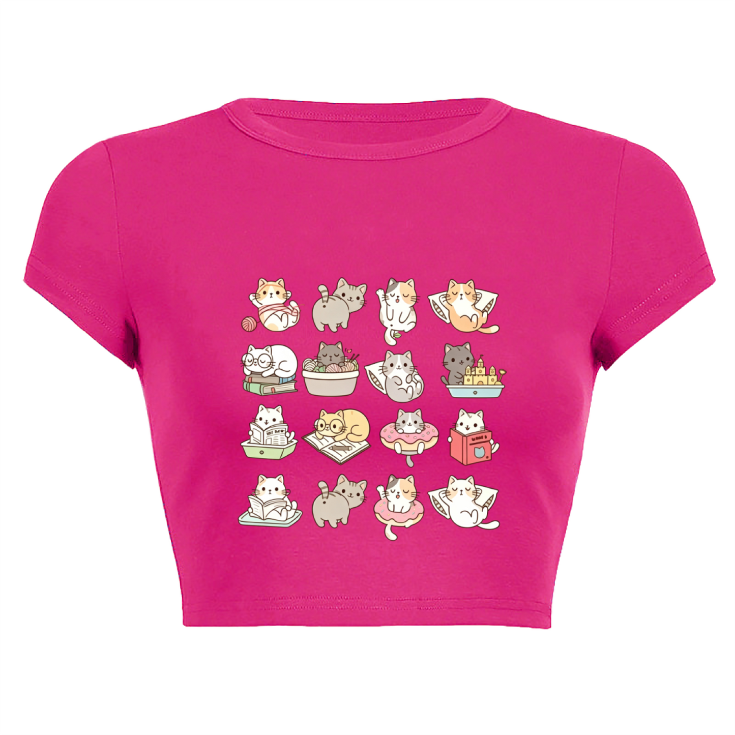 Grid Cute Playful Kittens Coquette Pink Slim Crop Shirt