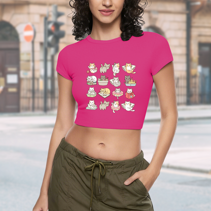 Grid Cute Playful Kittens Coquette Pink Slim Crop Shirt