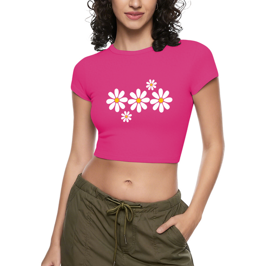 White Daisy Floral Hot Pink Crop Top ¨C Fresh Cottagecore Summer Baby Tee 11.